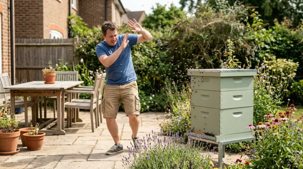 person getting attacked by bees backyard beekeeping