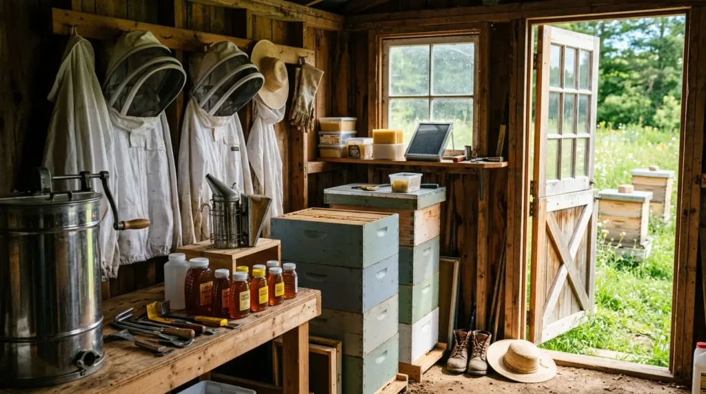 shed with backyard beekeeping gear